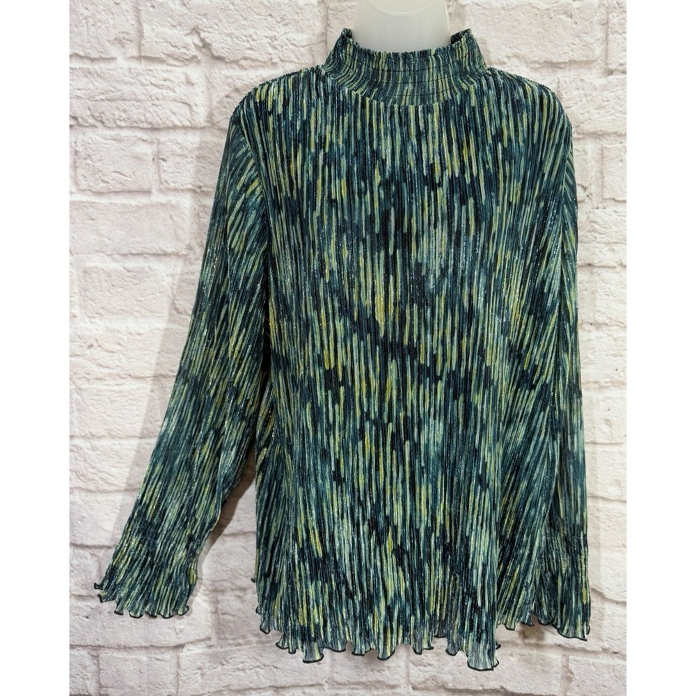 CHICOS Metallic Pleated Mock Neck Top Blue Green Abstract Shimmer Blouse 4 XXL